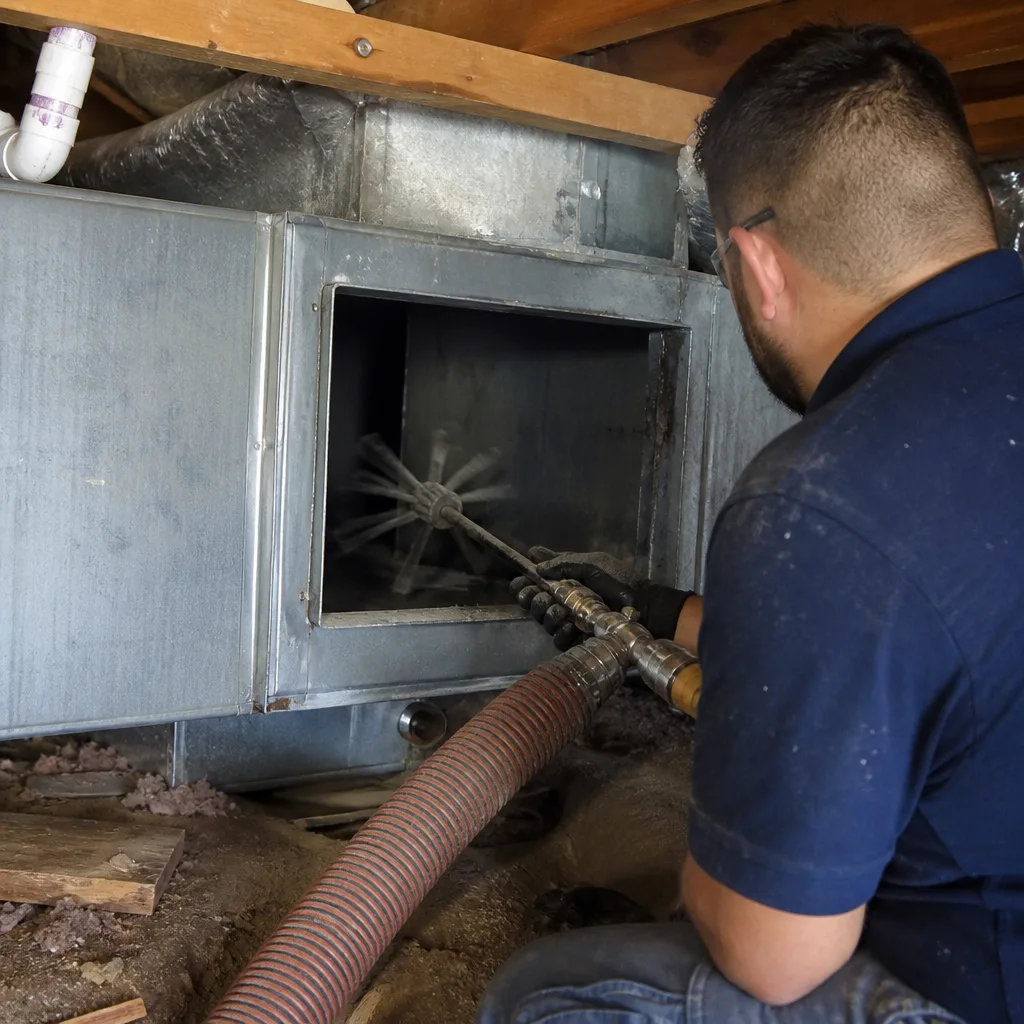 Technician using professional equipment for residential air duct cleaning service