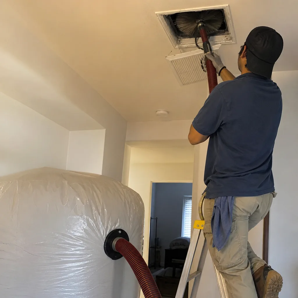 Technician performing professional residential air duct cleaning service