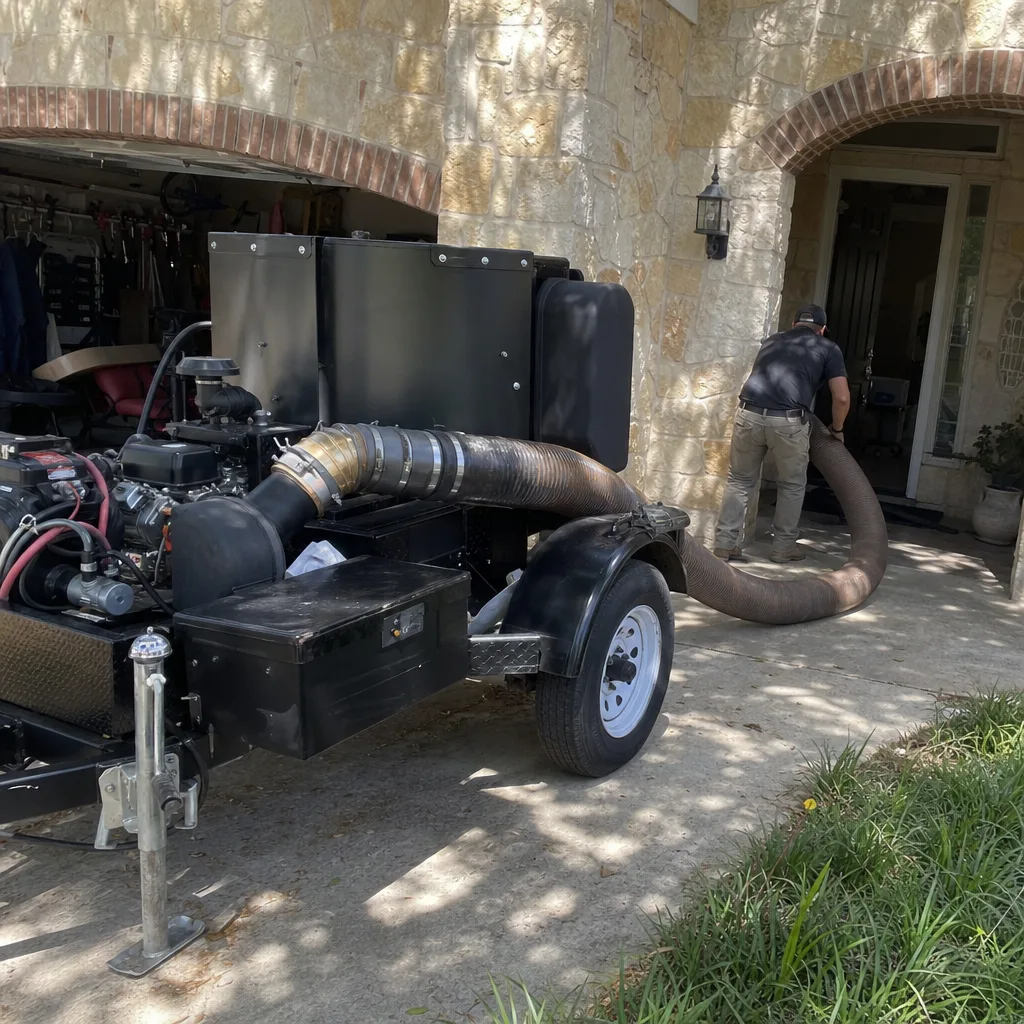 Technician performing professional residential air duct cleaning service with trailer vacuum