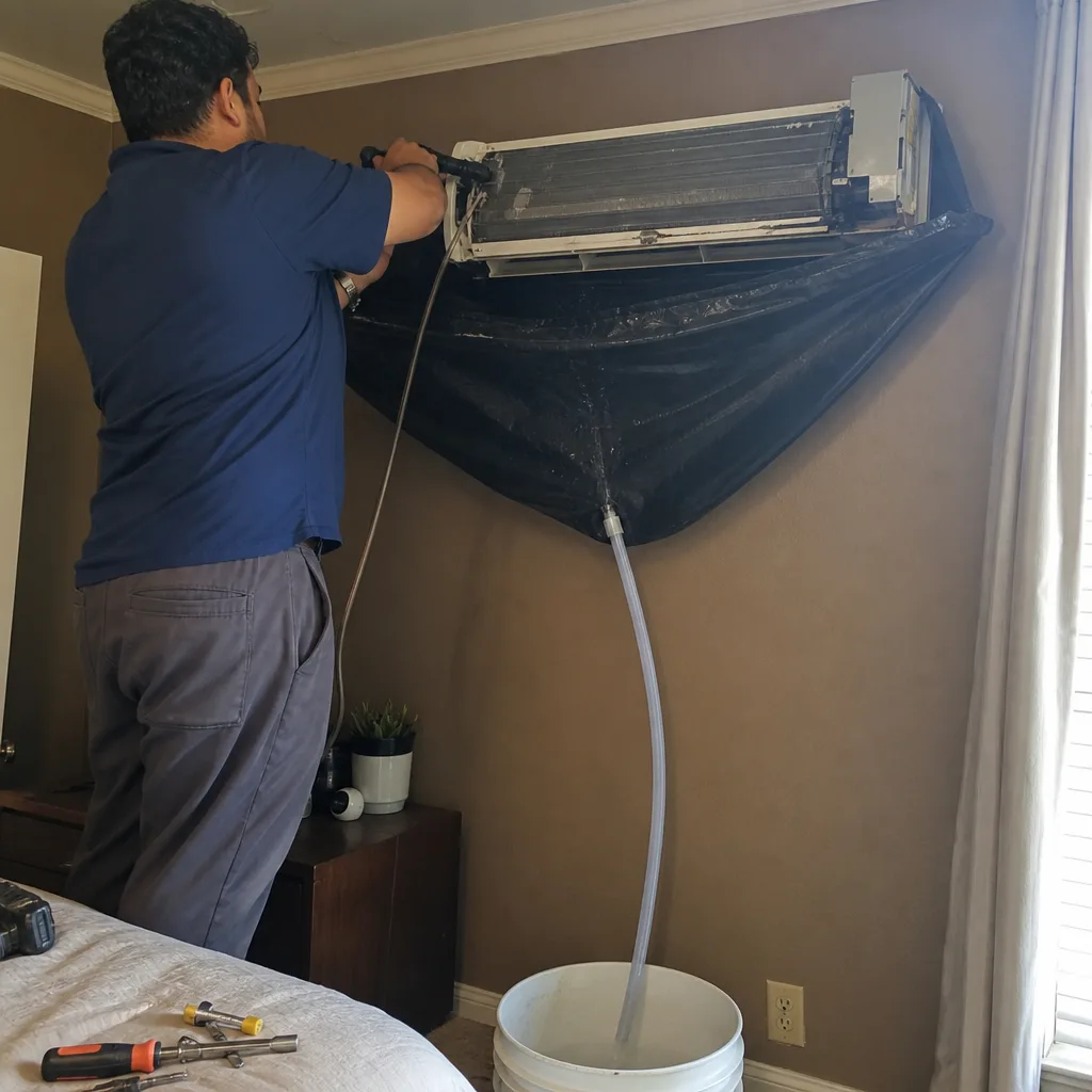 Technician cleaning wall-mounted air conditioner unit using professional equipment