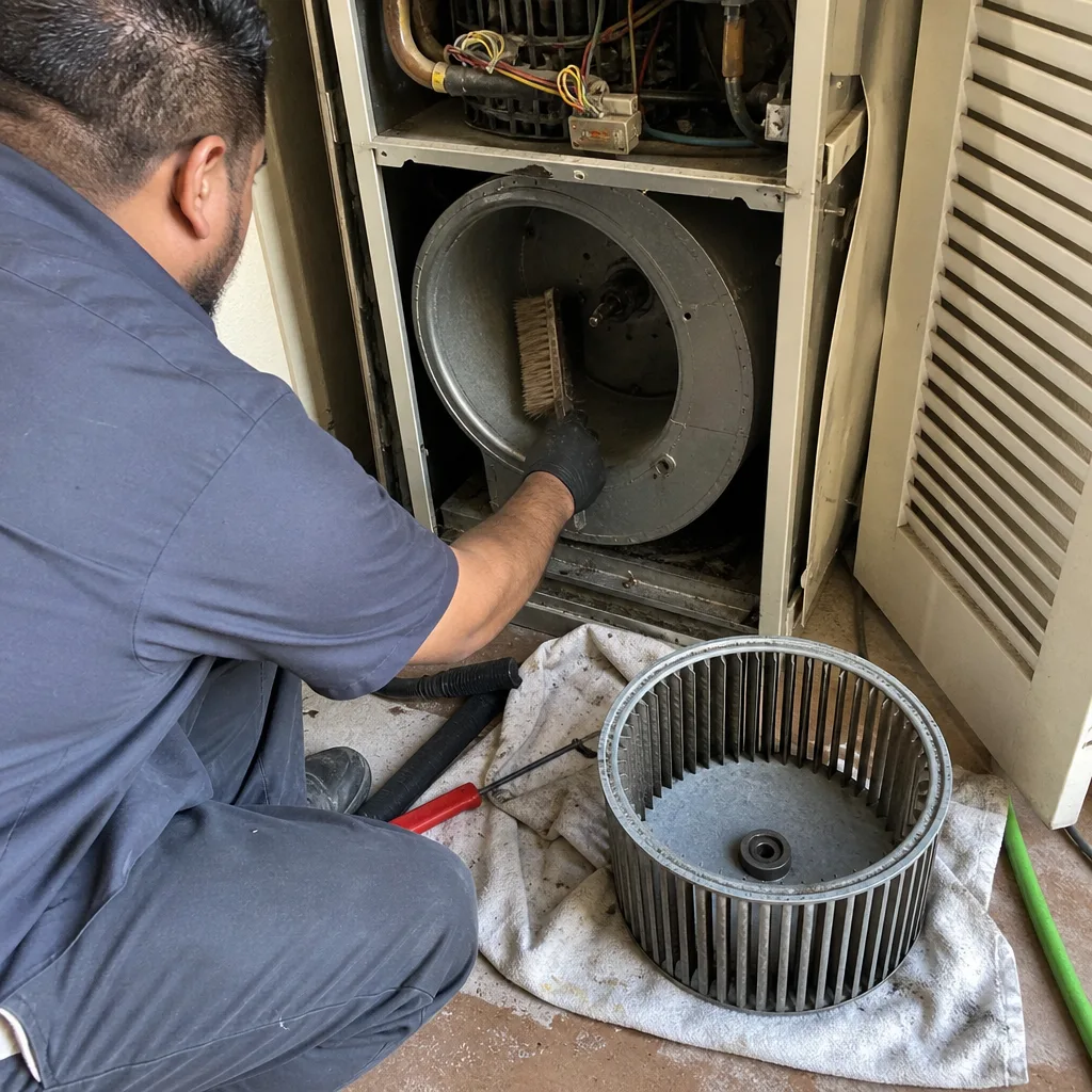 HVAC technician cleaning furnace blower assembly and housing